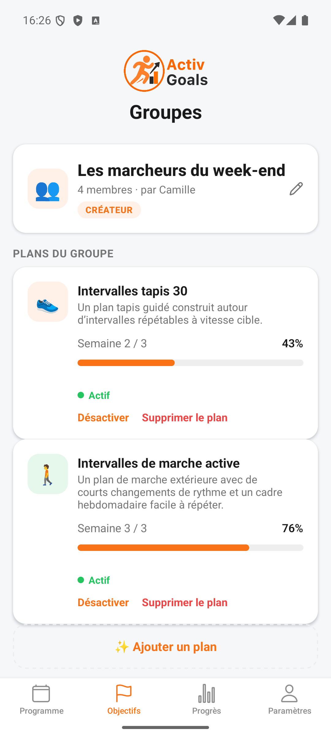 Groupe ActivGoals avec plans partagés et progression