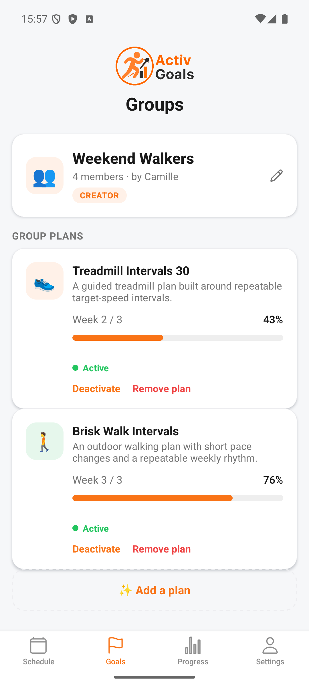 ActivGoals group with shared plans and progress