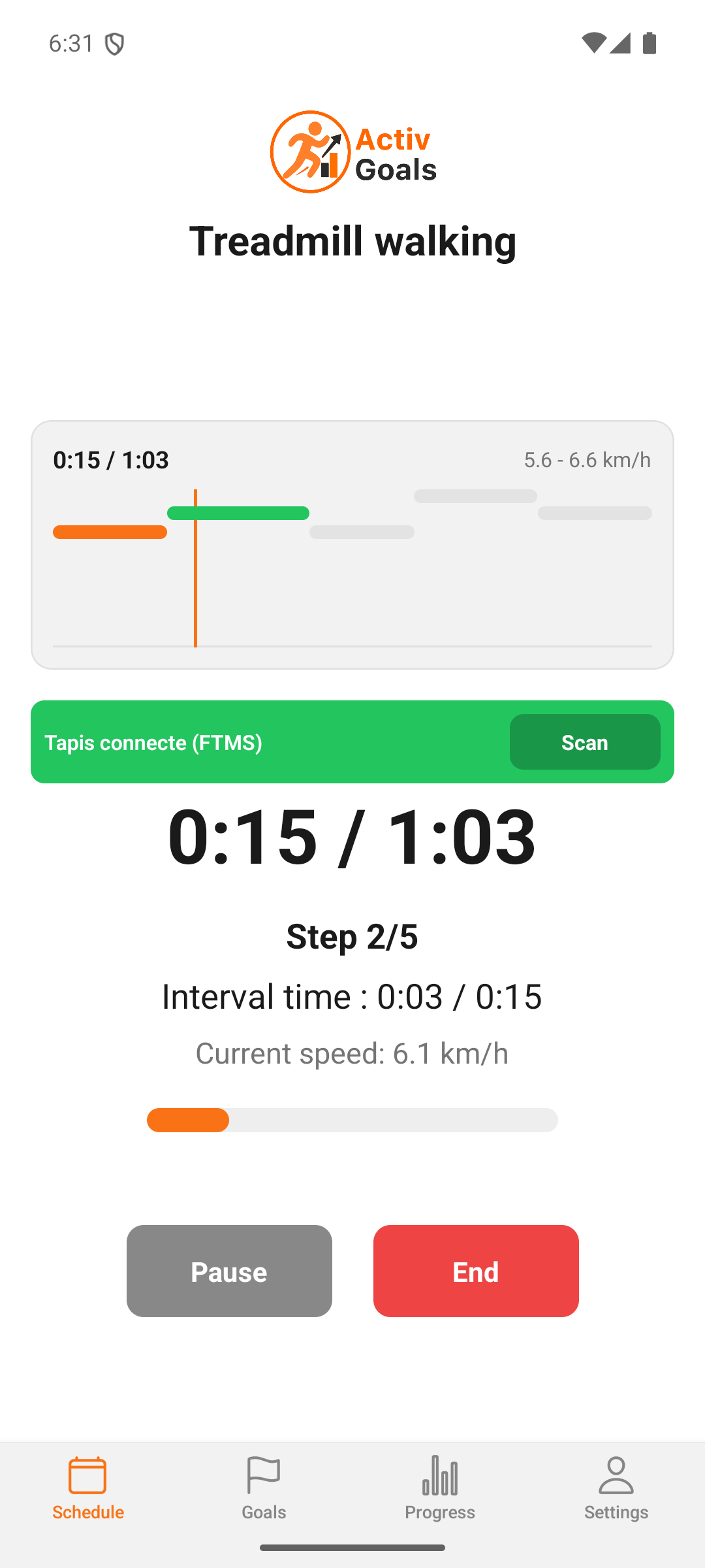 ActivGoals treadmill session view